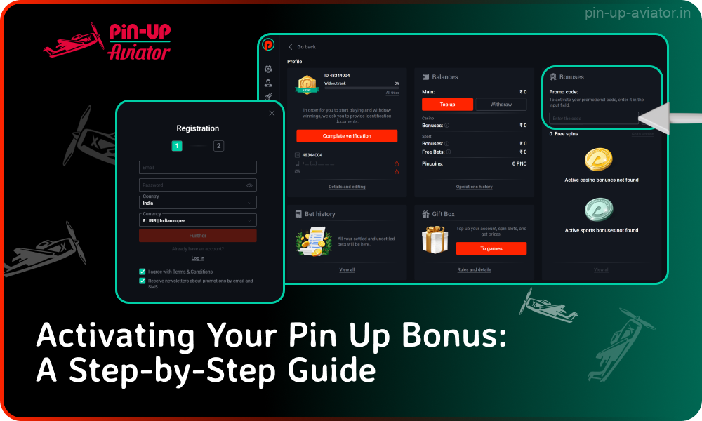 To take advantage of the Pin Up casino promo code bonus players in India need to create an account, enter the promo code in a special section on the site and make a deposit to their account