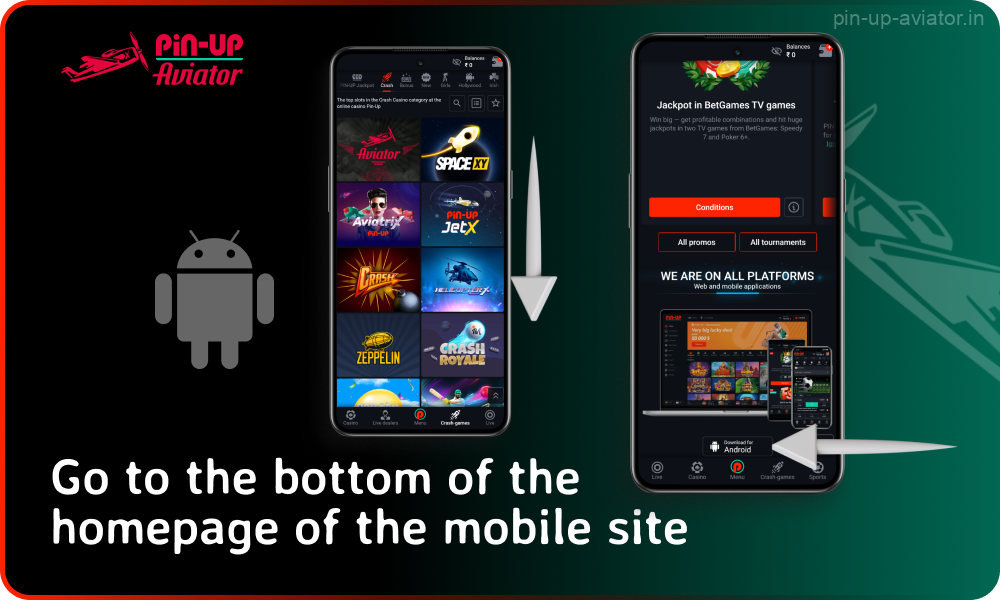 Users need to find the Android logo button at the bottom of the website homepage to download the Pin Up Aviator mobile app installation file