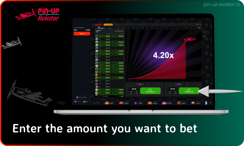 Decide on the bet amount in Pin Up Aviator and confirm it by clicking on the Bet button