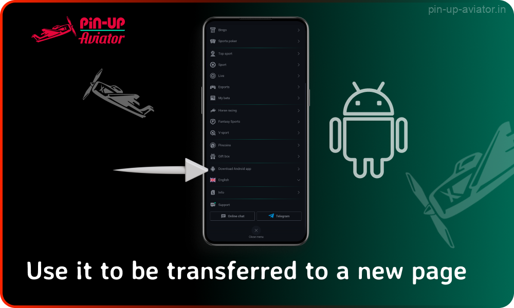Click on the Pin Up Aviator mobile app download button in the menu to go to the APK download page for Android