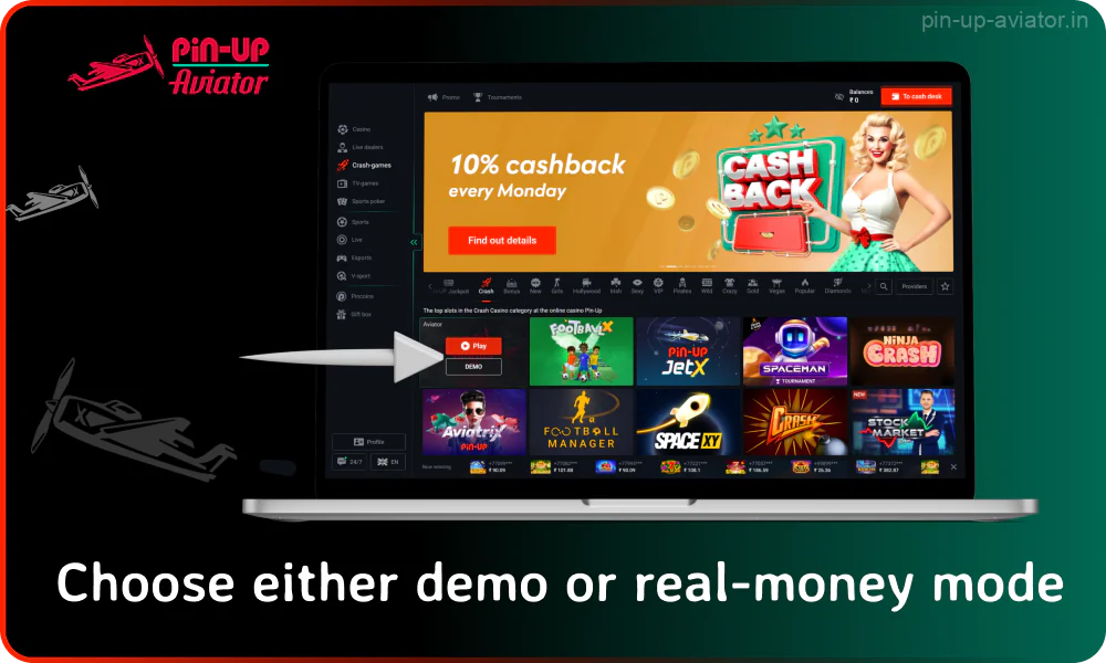 To play Aviator Pin Up, select demo or real money mode by hovering over the game thumbnail